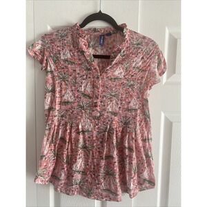 Casey Key Petite Nautical Sailboat Palm Tree Blouse Womens Size PL Pink Tropical